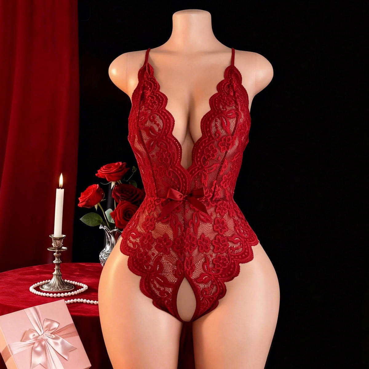 European/American Halter-Neck Lace Nylon Bodysuit Drawstring Sexy Open-Back Alluring Lingerie Underwear