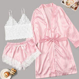 Women's Underwear Pajamas Sets Lingerie Dress Sexy Silk Satin Robe 3pcs Sleepwear Cami Top Stain Pjs for Women