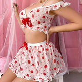 Hot Strawberry Printing Stitching Lace Cute Pajamas Skirt Suit Casual Comfortable