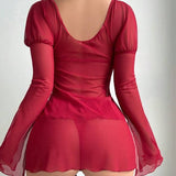 European American Style Sexy Lingerie Mesh See-Through Floral Bow Ruffled Hem Long Sleeve Camisole Dress