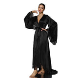 Black White Two-Tone Satin Lace Breathable Summer Elegant Robe Light Luxury Long Style Bell Sleeves Tie Sexy Home Dressing Gown