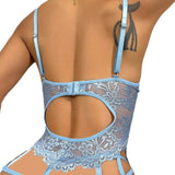 Women's European and American Style Black Lace Sexy Patchwork Sheer Slim Fit Lace Bra Set with Leg Garter