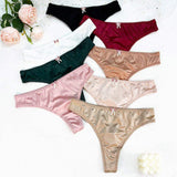 Women Plus Size Sexy Shiny Thongs Breathable Satin Lace Trim T-back Panties