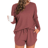 Waffle Knit Women's Pajama Set with Long-Sleeved Top and Shorts Elastic Waist Solid Pattern Casual Loungewear