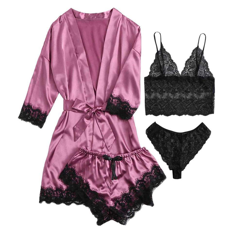 Women's Underwear Pajamas Sets Lingerie Dress Sexy Silk Satin Robe 4pcs Sleepwear Cami Top Stain Pjs for Women