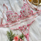 European and American Fashion Rose Embroidery Perspective Sexy love Buckle Thong Fun Suit