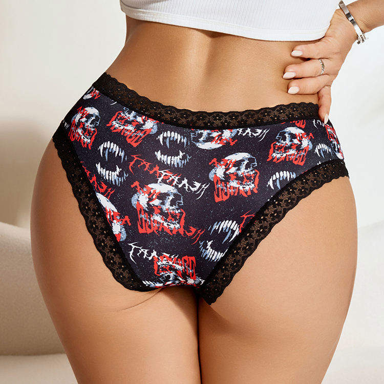 Hot Selling Sexy Fitness Women Lace Underwear Skulls Print Lace Edge Low Waist Hipster Panties for Ladies