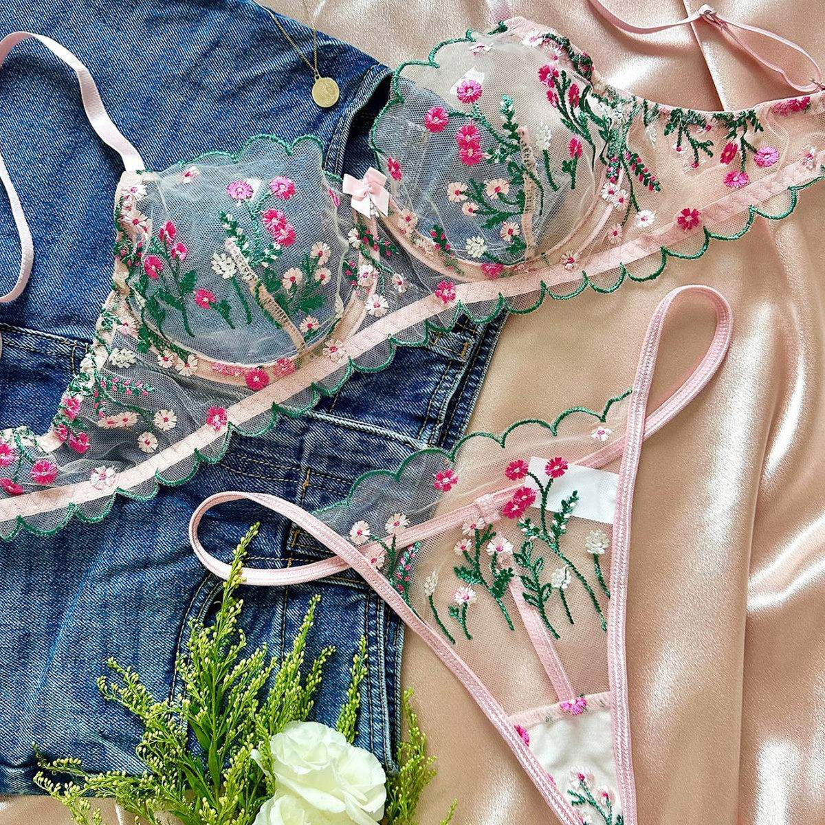 Floral Embroidery Breathable Thin Firm Control See-Through Mesh Women's Bra and Panty 1 Piece Lingerie Set