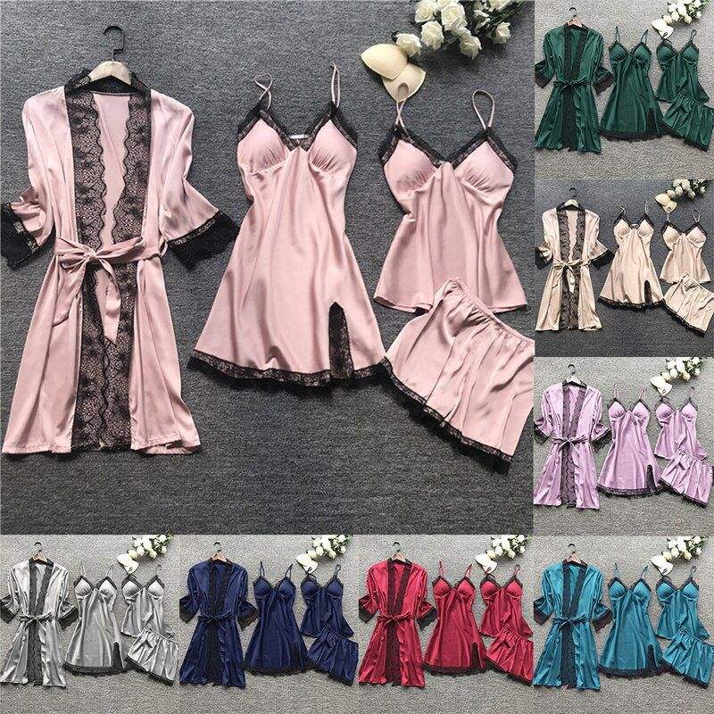 Women's Underwear Pajamas Sets Lingerie Dress Sexy Silk Satin Robe 4pcs Sleepwear Cami Top Stain Pjs for Women