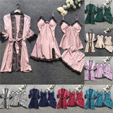Women's Underwear Pajamas Sets Lingerie Dress Sexy Silk Satin Robe 4pcs Sleepwear Cami Top Stain Pjs for Women