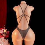 Lingerie Sexy Solid Crotchless No-Remove Jumpsuit Ice Silk Tight Seductive Pajamas