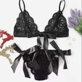 New European and American Style Sexy Women's Solid Color Hollow-out Bow Erotic Set