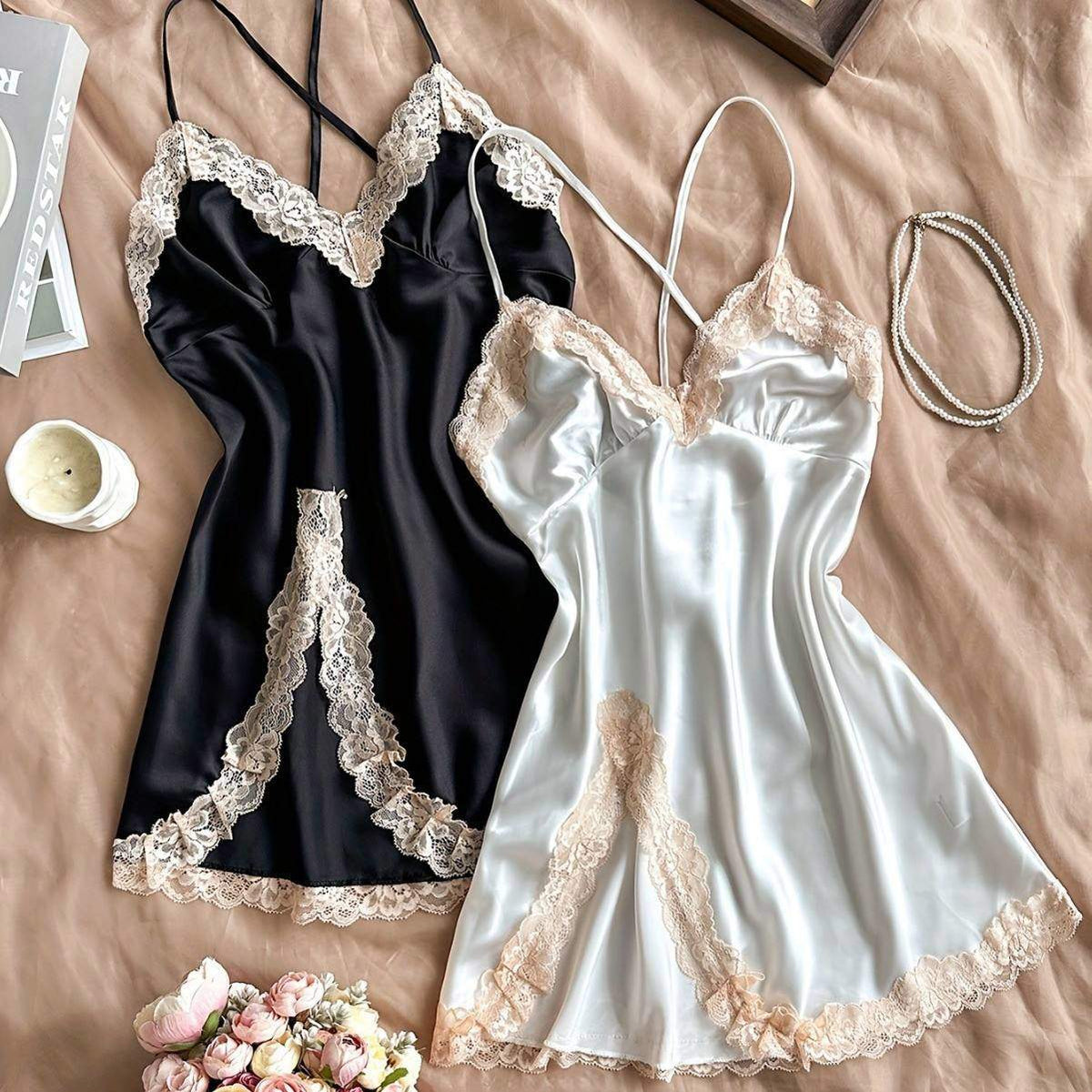 Sling Nightgown Summer Thin Spring and Autumn Sexy Hot with Chest Pad Outer Wear Lace Private Bed Fun Pajamas