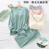 Women's Cotton Home Wear Pajamas Chest Pads All-Cotton Breathable Knitted Long-Sleeve Pants Set Elastic Waist V-neck Winter