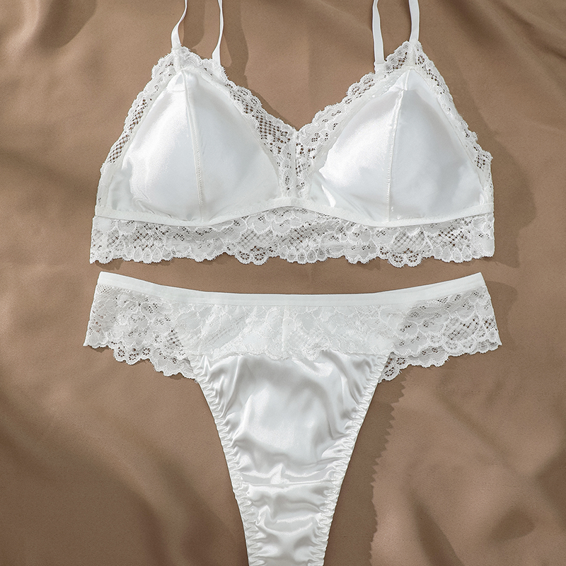 Adjusted Strap Solid Lace Underwear Set Breathable Thong Floral Lace Bra Ice Silk Panties Set Lingerie Women