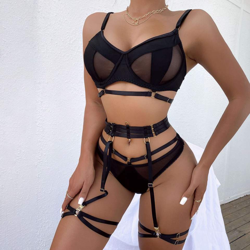 Spring Summer Fashion Lace Polyester Dobby Intricate Craftsmanship Push Hollow Mesh Sexy Lingerie Four-Piece Set