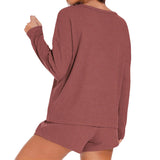 Waffle Knit Women's Pajama Set with Long-Sleeved Top and Shorts Elastic Waist Solid Pattern Casual Loungewear