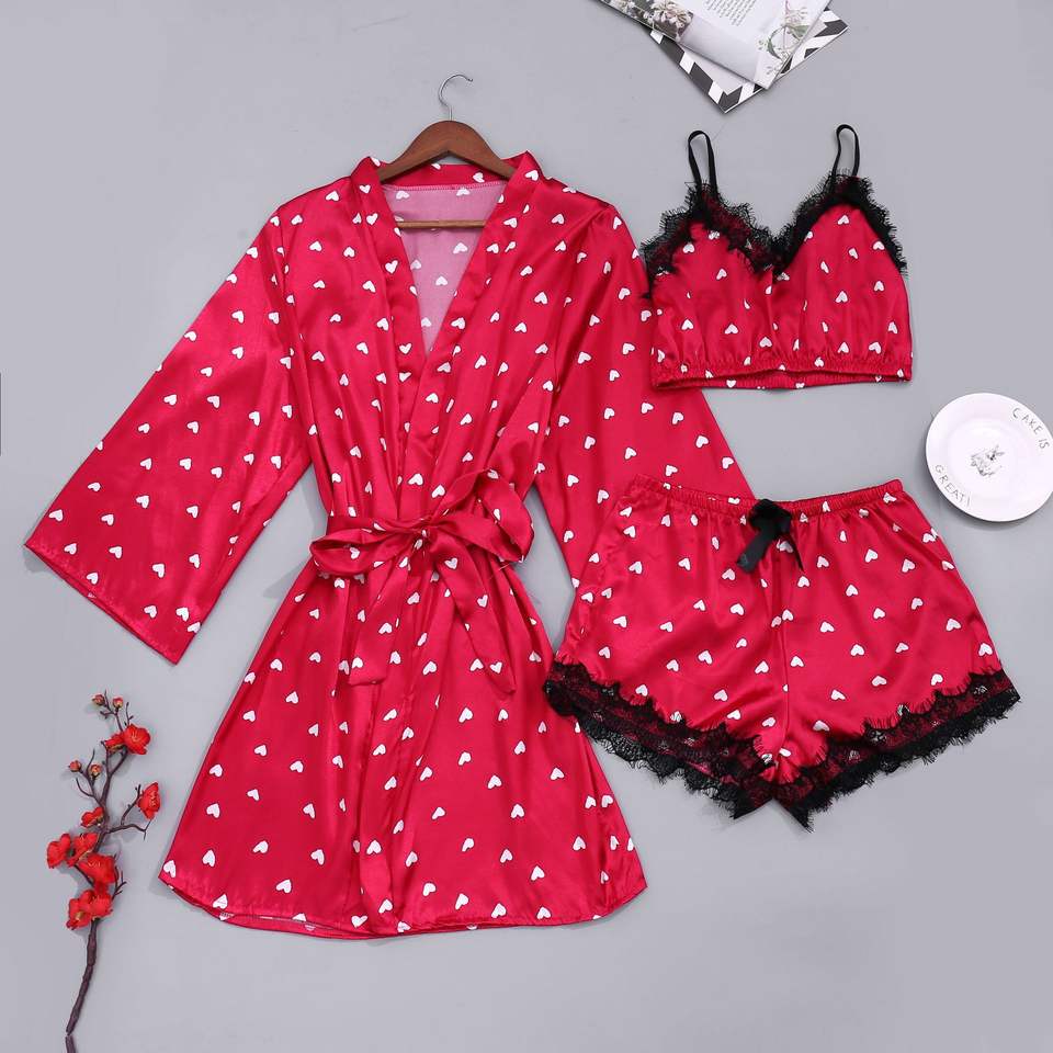 Women's Underwear Pajamas Sets Lingerie Dress Sexy Silk Satin Robe 3pcs Sleepwear Cami Top Stain Pjs for Women