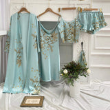 4-piece Nightdress Set Printing Night Dresses for Woman Ice Silk Women's Sleepwear