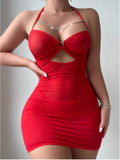 New European American Erotic Set Women's Sexy Sheer Mesh Hollow Out Bodycon Mini Dress Nightdress Intimate Set
