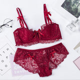 Women's Demi Cup Underwire Bra and Panty Set Lace Soft Cotton Sexy Embroidered Lingerie Solid Pattern Bikini