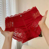 High-End Red Underwear for Ladies Cotton Crotch Mid-rise Dot Pattern Breathable Alluring Lace Wedding Shorts