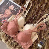 French Style Pure Desire Lace Underwear Women's Big Chest Small Comfortable Traceless Breast-free Rings Anti-sagging Bra Set