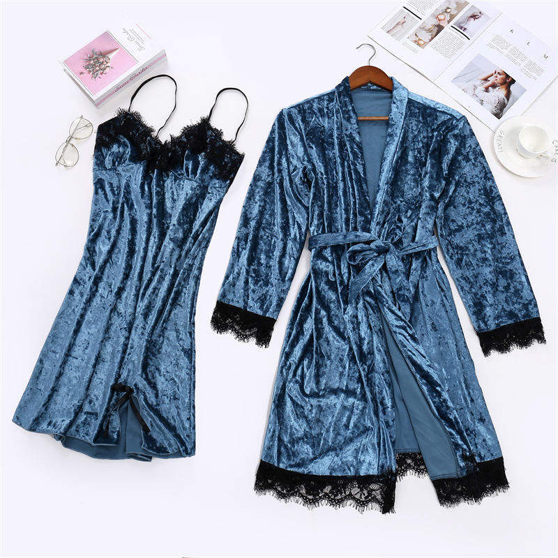 Women's Underwear Pajamas Sets Lingerie Dress Sexy Velvet Robe 2pcs Sleepwear Velvet Pjs for Women