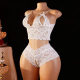 European American Style Sexy Alluring Floral Lace V-neck Open-Crotch Pajama Two-Piece Set