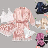 Women's Underwear Pajamas Sets Lingerie Dress Sexy Silk Satin Robe 4pcs Sleepwear Cami Top Stain Pjs for Women