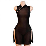 Spring Intimate Lingerie Sexy Mesh Sheer Slit Cheongsam Uniform Seductive Pajama Set