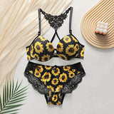 Women Floral Printed Lingerie Set Underwire Bra Two Piece Bikini Sets Push up Bra and Panty Sets