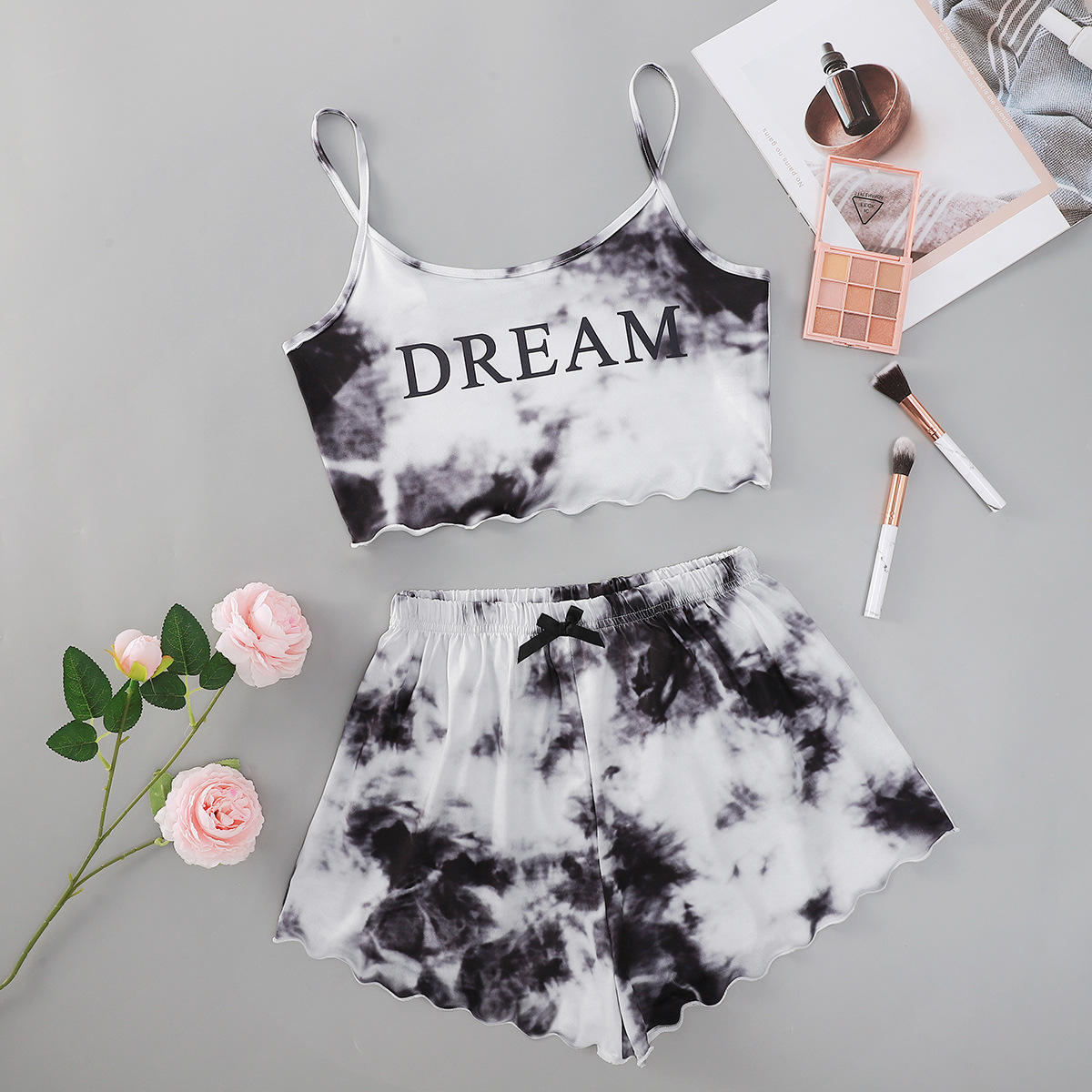 New Tie-dyed Printed Short-sleeved Top and Tie-dyed Shorts Home Wear Women's Sleepwear