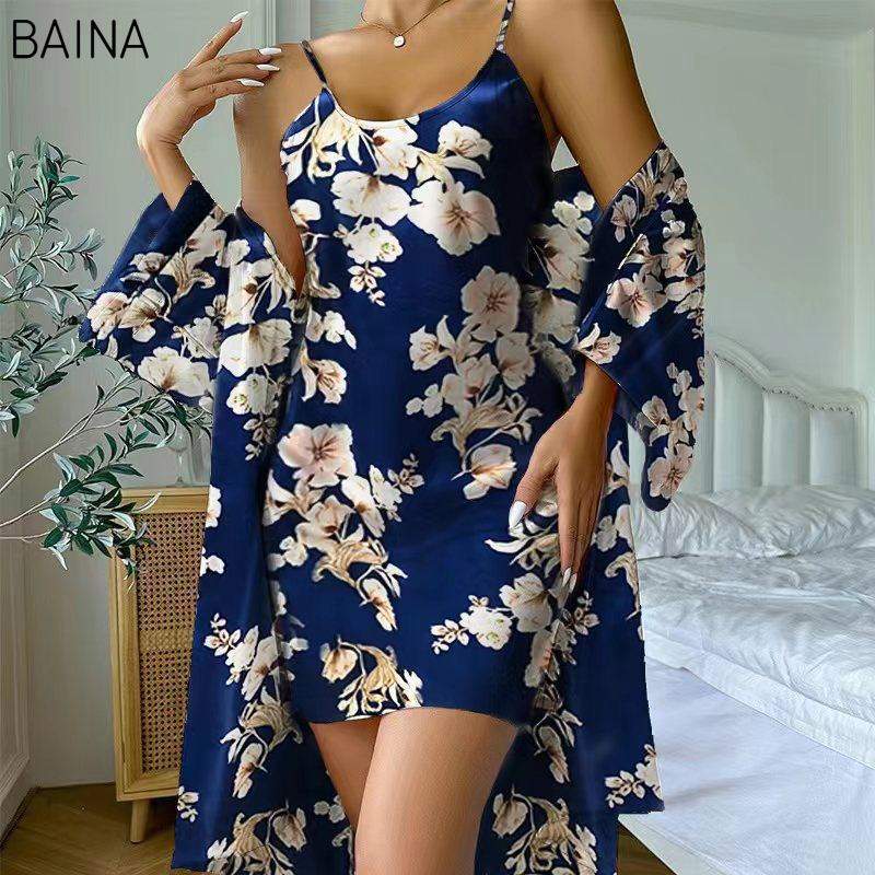 Women's Summer/Spring Two-Piece Set Home Lace-Up Nightgown with Mid-Length Outer Wear Thin Outer Wear Nightgown