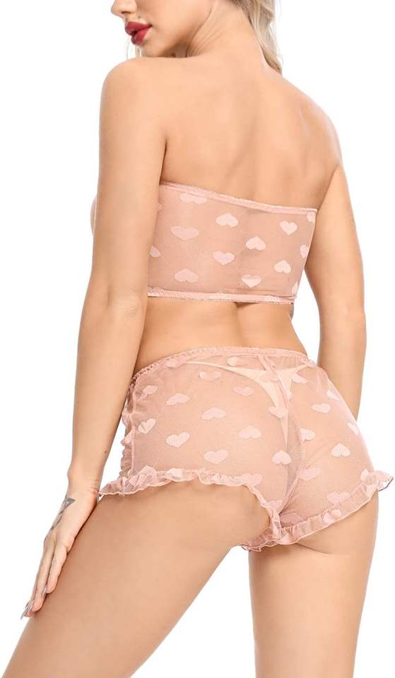 Pretishows Women's Comfortable Stretchy Lace Bandeau Bra Top Shorts Thong Sexy Lingerie Set Comfortable Underwear