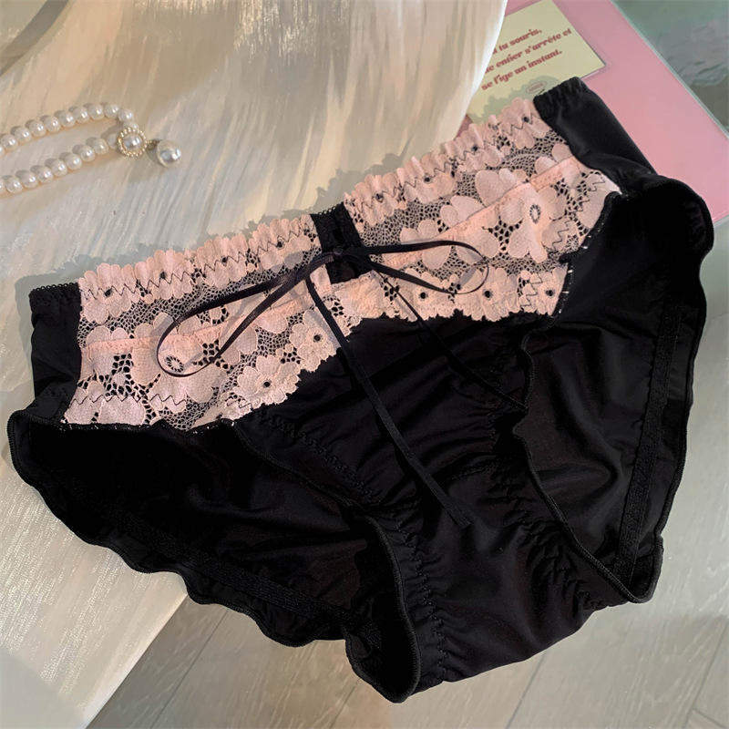 Women's Sexy Pure Desire Black-Pink Sweet Girl-Like Hollow Lace Breathable Underwear
